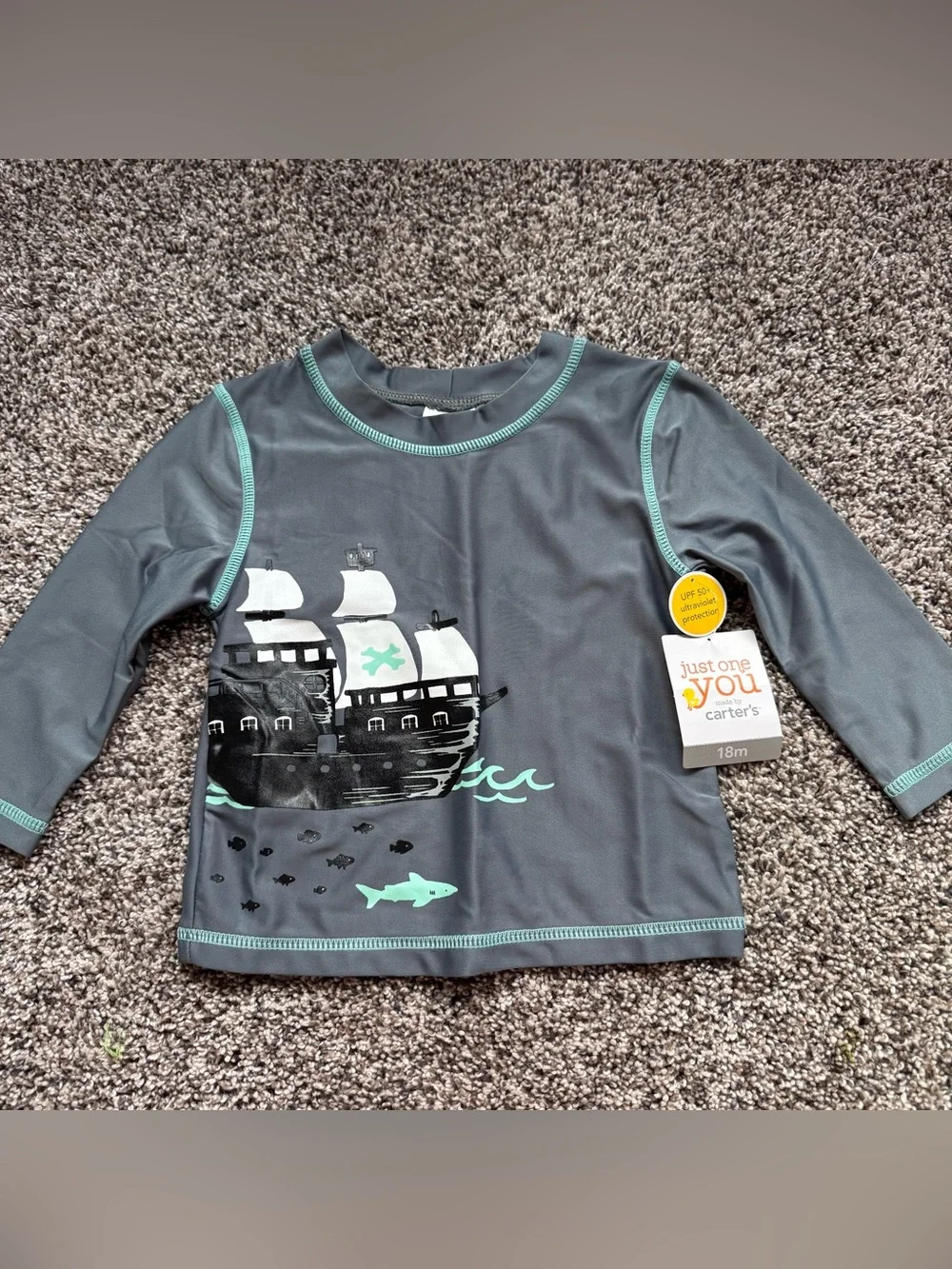 Gray and Teal Kids Swim Set — Long-Sleeve Rash Guard with Striped Trunks